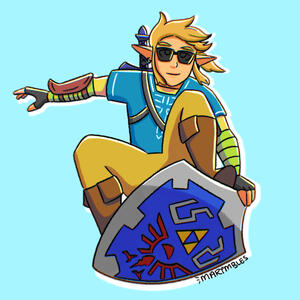 Link from the Legend of Zelda doing a pose while shield surfing on the Hylian Shield. He is wearing sunglasses and his blue tunic from Breath of the Wild.